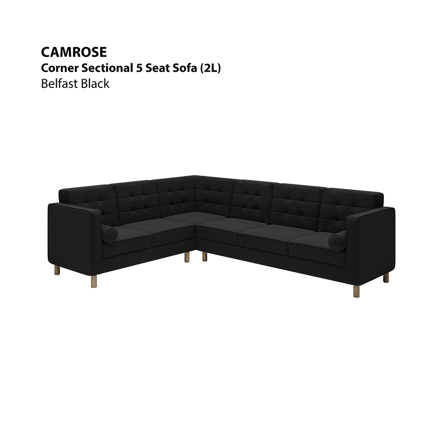 MORE CAMROSE OPTIONS Camrose Corner Sectional 5 Seat (2L) Sofa Camrose Corner Sectional 5 Seat (2L) Sofa Fabric Belfast Black Mandaue Foam