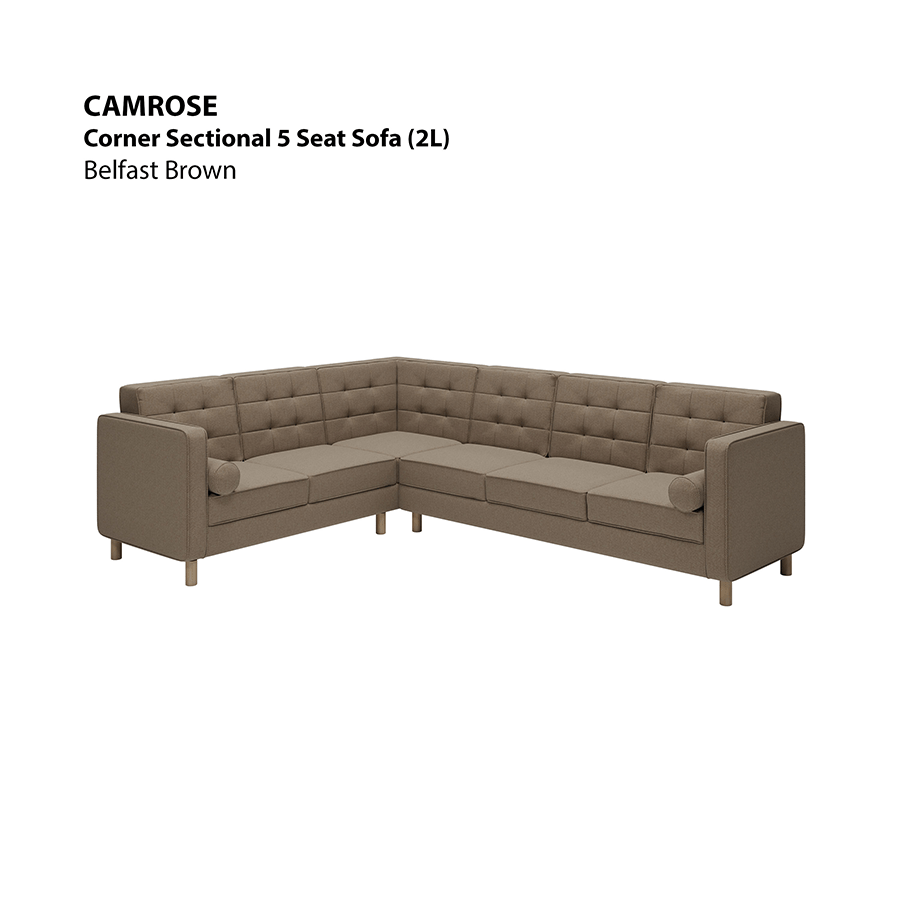 MORE CAMROSE OPTIONS Camrose Corner Sectional 5 Seat (2L) Sofa Camrose Corner Sectional 5 Seat (2L) Sofa Fabric Belfast Brown Mandaue Foam