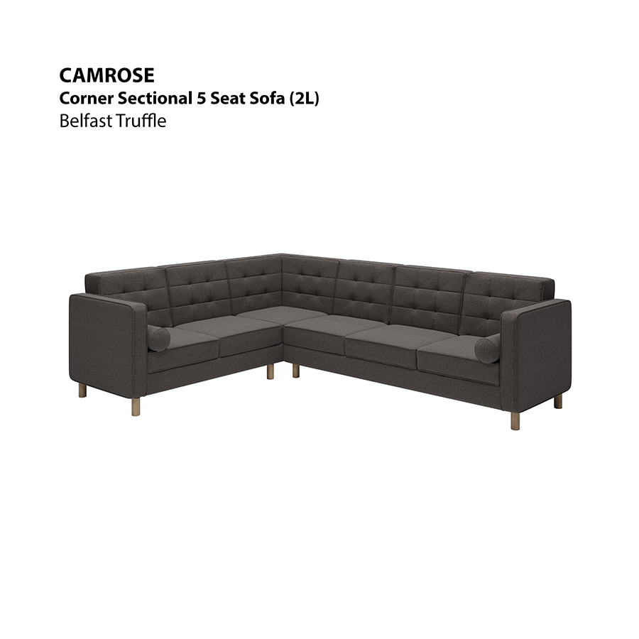 MORE CAMROSE OPTIONS Camrose Corner Sectional 5 Seat (2L) Sofa Camrose Corner Sectional 5 Seat (2L) Sofa Fabric Belfast Truffle Mandaue Foam