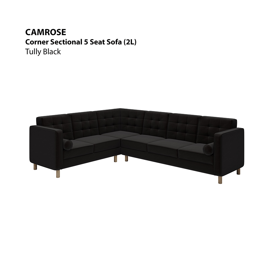 MORE CAMROSE OPTIONS Camrose Corner Sectional 5 Seat (2L) Sofa Camrose Corner Sectional 5 Seat (2L) Sofa Leatherette Tully Black Mandaue Foam