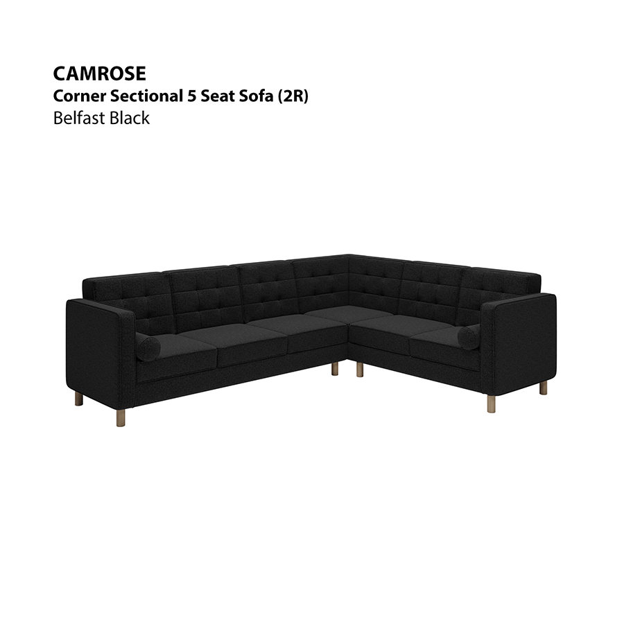 MORE CAMROSE OPTIONS Camrose Corner Sectional 5 Seat (2R) Sofa Camrose Corner Sectional 5 Seat (2R) Sofa Fabric Belfast Black Mandaue Foam