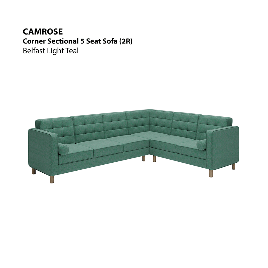 MORE CAMROSE OPTIONS Camrose Corner Sectional 5 Seat (2R) Sofa Camrose Corner Sectional 5 Seat (2R) Sofa Fabric Belfast Light Teal Mandaue Foam