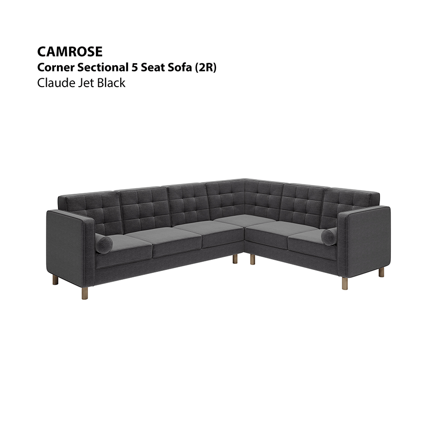 MORE CAMROSE OPTIONS Camrose Corner Sectional 5 Seat (2R) Sofa Camrose Corner Sectional 5 Seat (2R) Sofa Lux Claude Jet Black Mandaue Foam