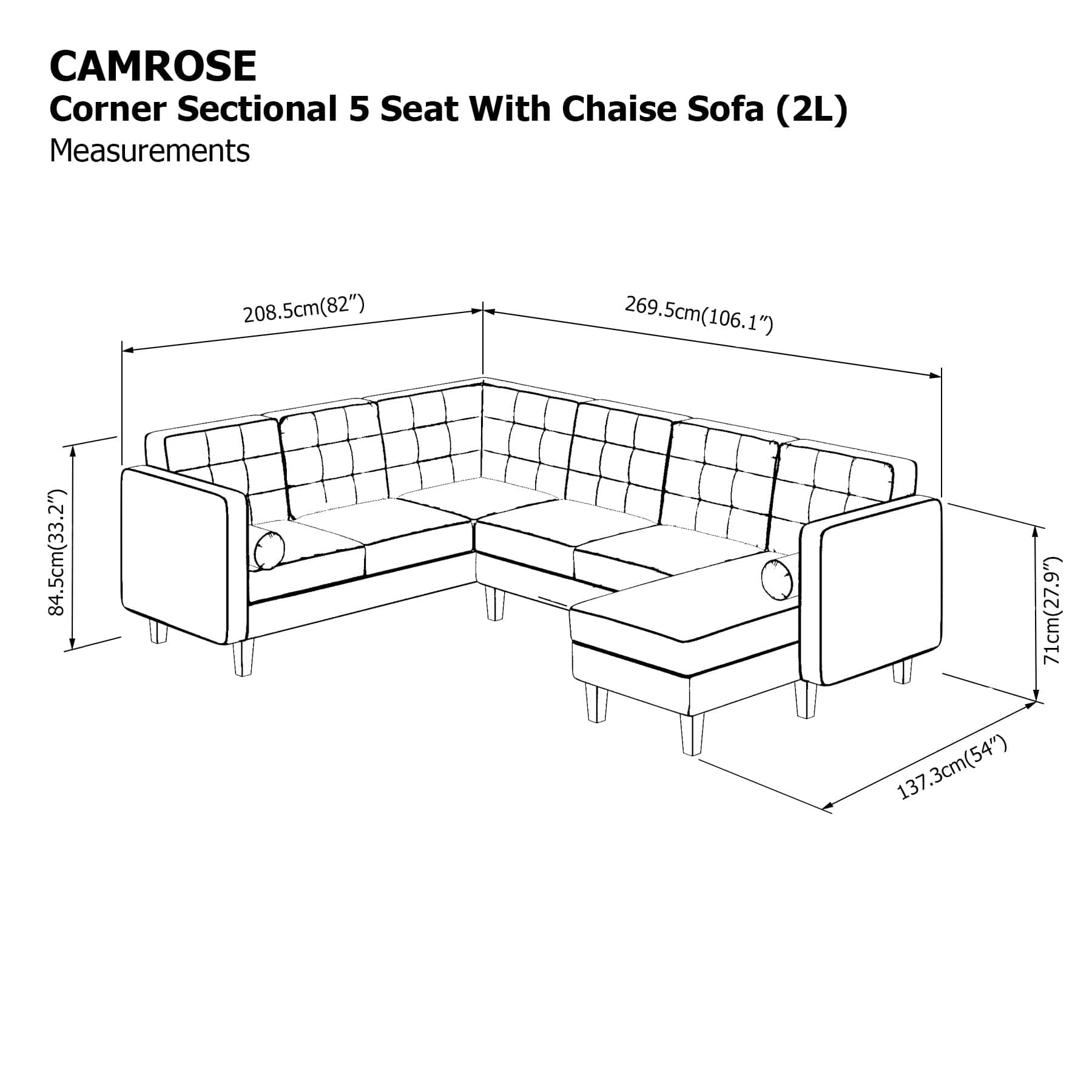 Camrose Corner Sectional 5 Seat with Chaise (2L) Sofa