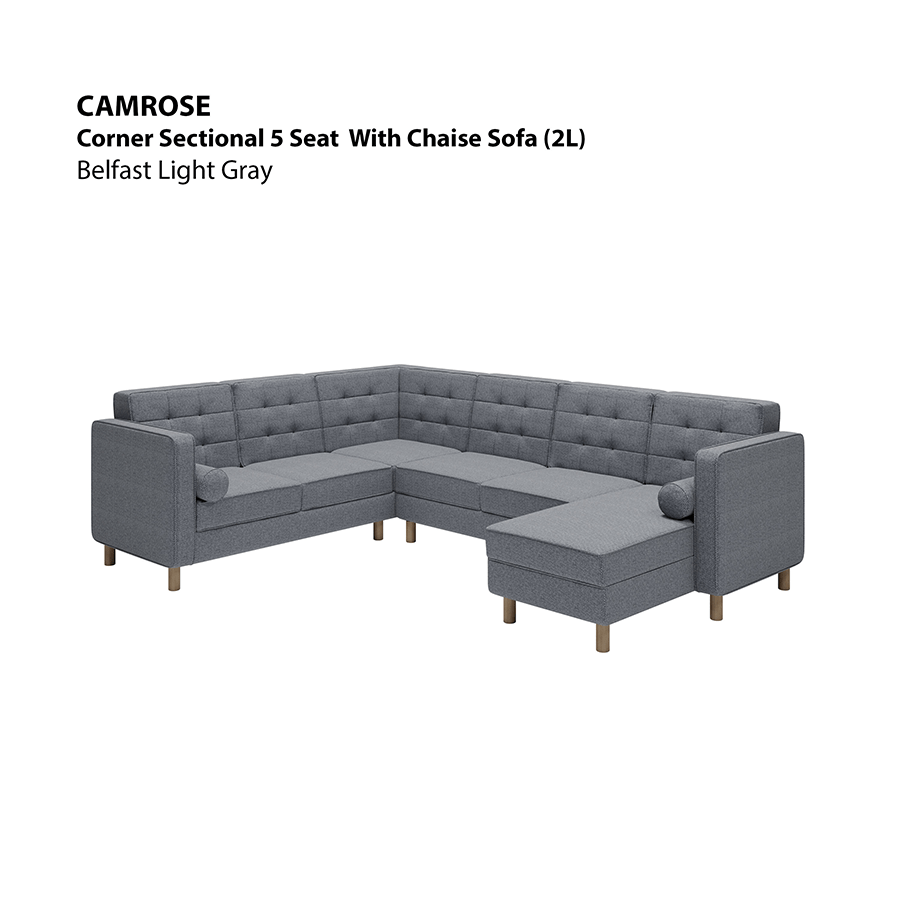 MORE CAMROSE OPTIONS Camrose Corner Sectional 5 Seat with Chaise (2L) Sofa Camrose Corner Sectional 5 Seat with Chaise (2L) Sofa Fabric Belfast Light Gray Mandaue Foam