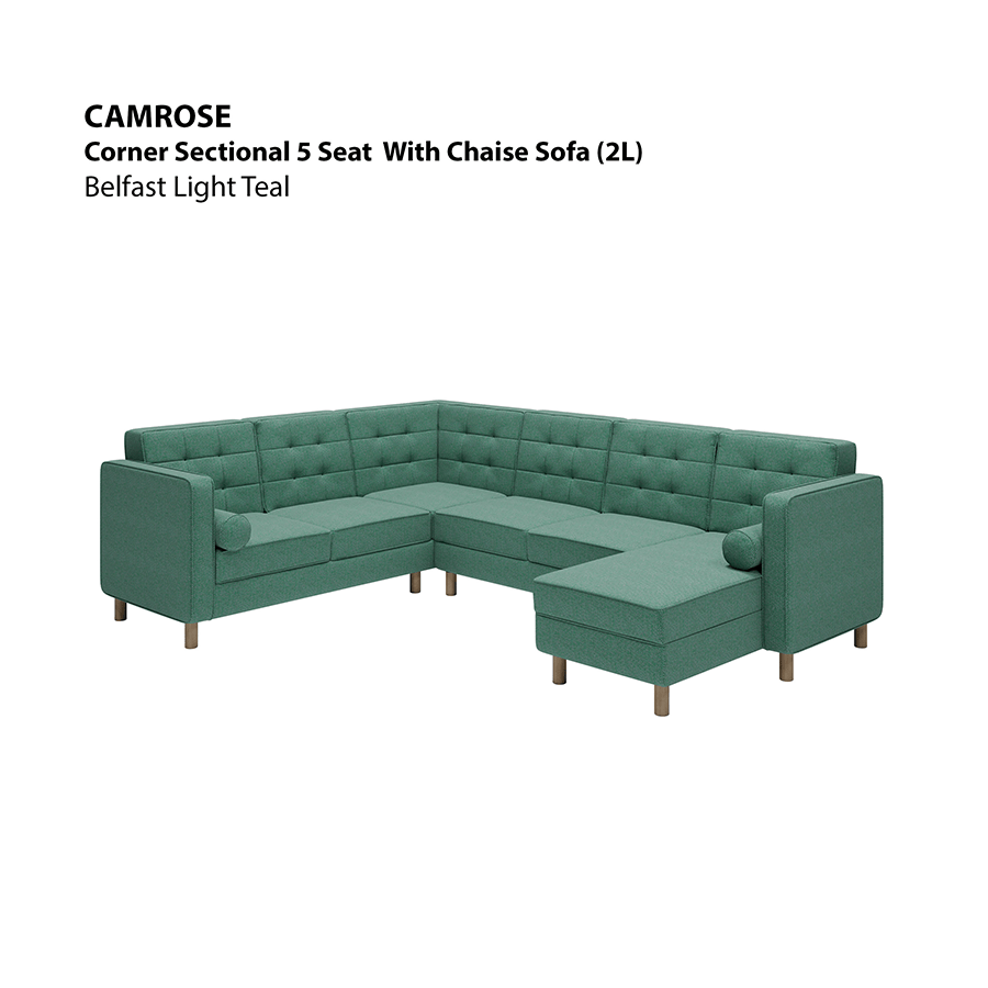 MORE CAMROSE OPTIONS Camrose Corner Sectional 5 Seat with Chaise (2L) Sofa Camrose Corner Sectional 5 Seat with Chaise (2L) Sofa Fabric Belfast Light Teal Mandaue Foam
