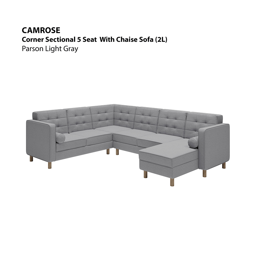 MORE CAMROSE OPTIONS Camrose Corner Sectional 5 Seat with Chaise (2L) Sofa Camrose Corner Sectional 5 Seat with Chaise (2L) Sofa Fabric Parson Light Gray Mandaue Foam