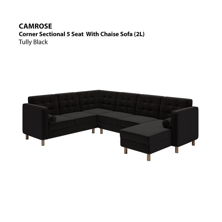 MORE CAMROSE OPTIONS Camrose Corner Sectional 5 Seat with Chaise (2L) Sofa Camrose Corner Sectional 5 Seat with Chaise (2L) Sofa Leatherette Tully Black Mandaue Foam