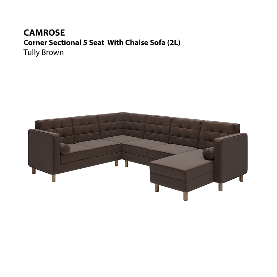 MORE CAMROSE OPTIONS Camrose Corner Sectional 5 Seat with Chaise (2L) Sofa Camrose Corner Sectional 5 Seat with Chaise (2L) Sofa Leatherette Tully Brown Mandaue Foam