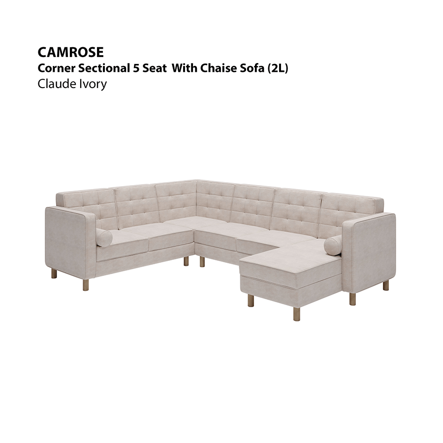 MORE CAMROSE OPTIONS Camrose Corner Sectional 5 Seat with Chaise (2L) Sofa Camrose Corner Sectional 5 Seat with Chaise (2L) Sofa Lux Claude Ivory Mandaue Foam