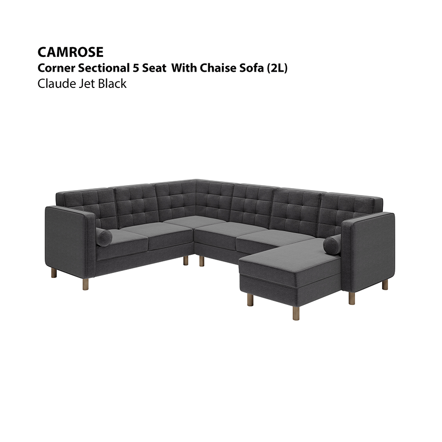MORE CAMROSE OPTIONS Camrose Corner Sectional 5 Seat with Chaise (2L) Sofa Camrose Corner Sectional 5 Seat with Chaise (2L) Sofa Lux Claude Jet Black Mandaue Foam