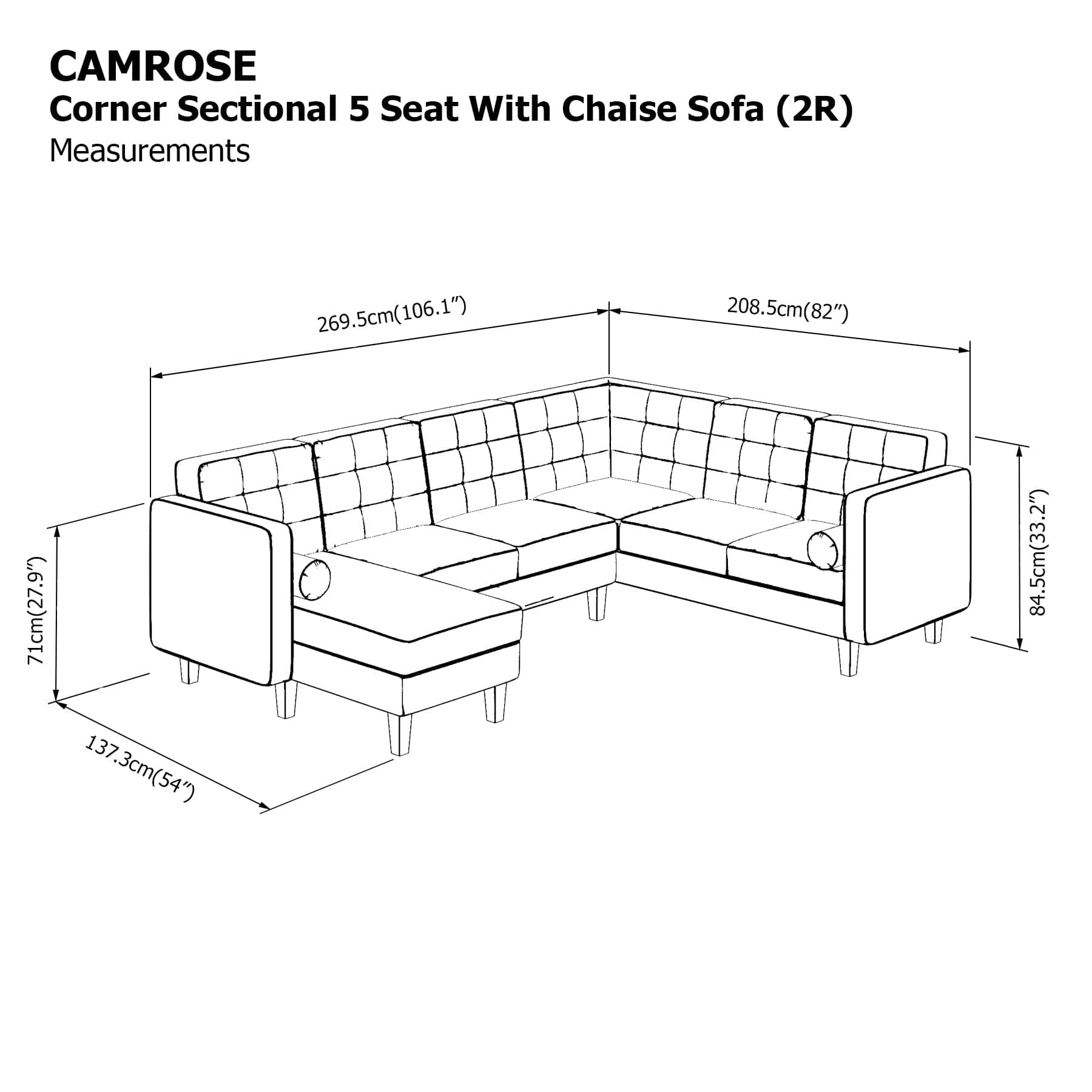 Camrose Corner Sectional 5 Seat with Chaise (2R) Sofa