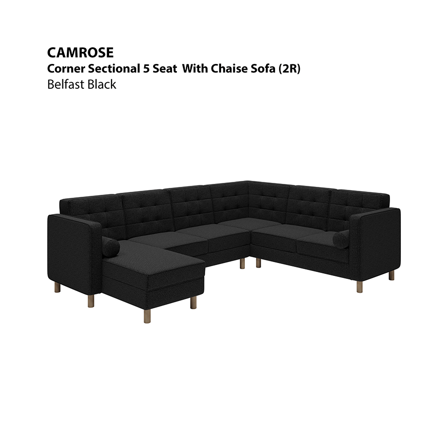 MORE CAMROSE OPTIONS Camrose Corner Sectional 5 Seat with Chaise (2R) Sofa Camrose Corner Sectional 5 Seat with Chaise (2R) Sofa Fabric Belfast Black Mandaue Foam