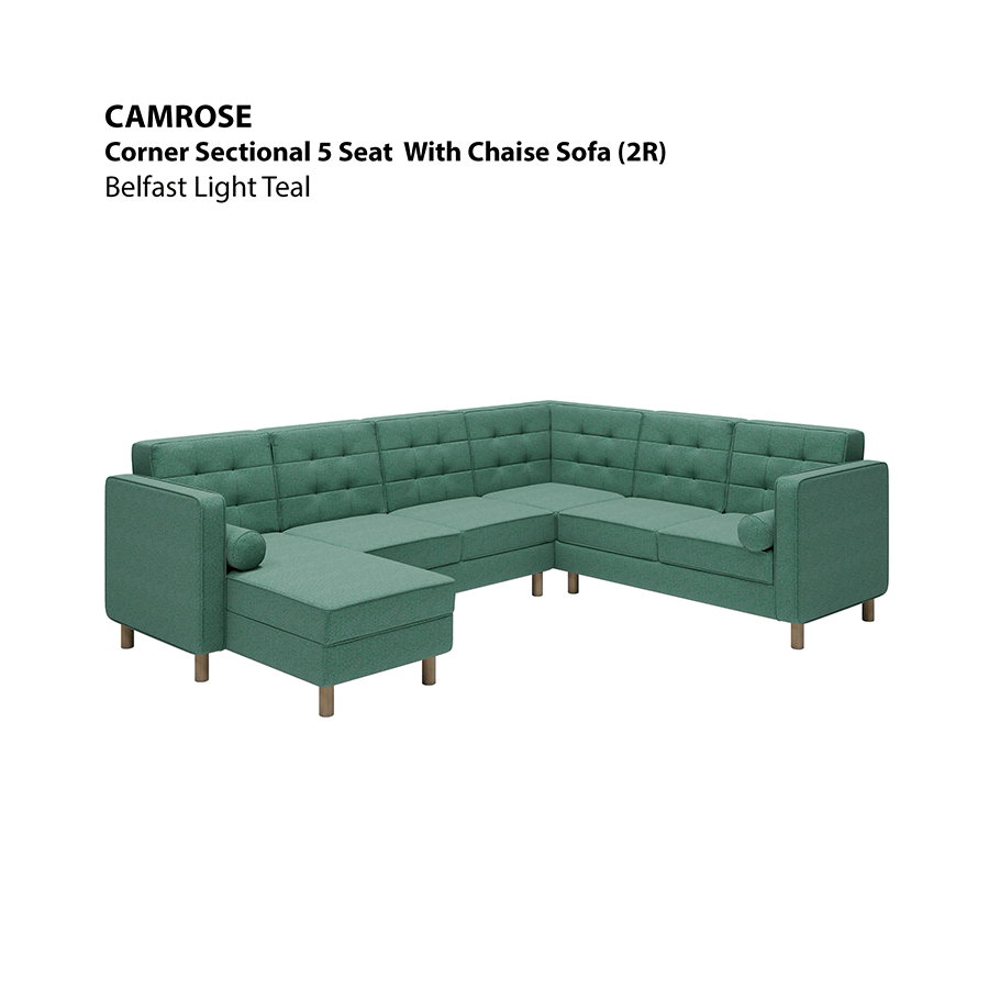 MORE CAMROSE OPTIONS Camrose Corner Sectional 5 Seat with Chaise (2R) Sofa Camrose Corner Sectional 5 Seat with Chaise (2R) Sofa Fabric Belfast Light Teal Mandaue Foam