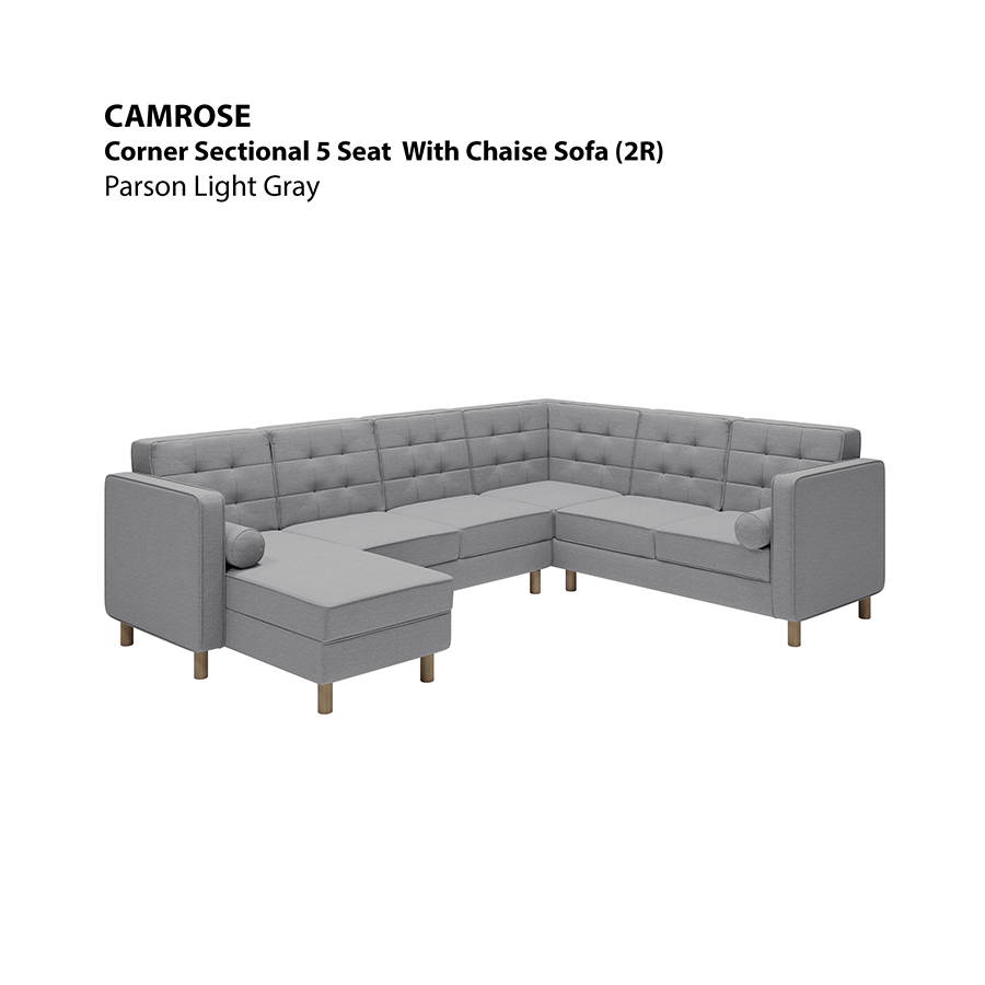 MORE CAMROSE OPTIONS Camrose Corner Sectional 5 Seat with Chaise (2R) Sofa Camrose Corner Sectional 5 Seat with Chaise (2R) Sofa Fabric Parson Light Gray Mandaue Foam