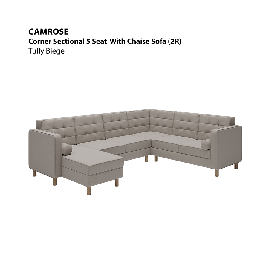 MORE CAMROSE OPTIONS Camrose Corner Sectional 5 Seat with Chaise (2R) Sofa Camrose Corner Sectional 5 Seat with Chaise (2R) Sofa Leatherette Tully Beige Mandaue Foam