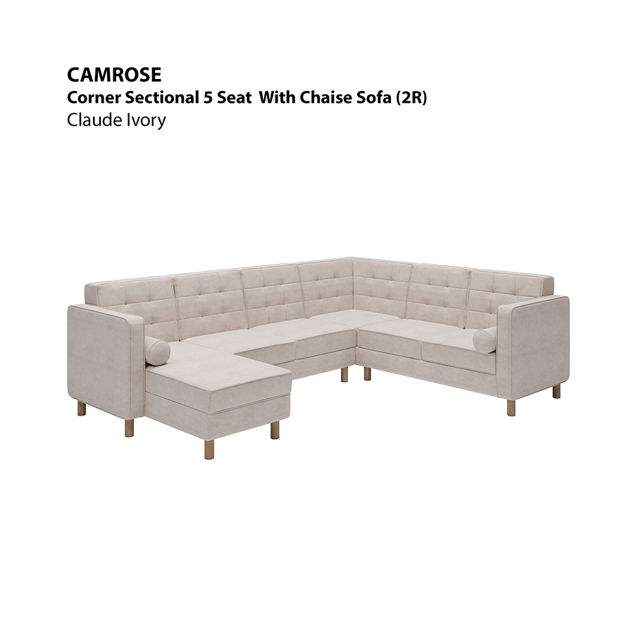 MORE CAMROSE OPTIONS Camrose Corner Sectional 5 Seat with Chaise (2R) Sofa Camrose Corner Sectional 5 Seat with Chaise (2R) Sofa Lux Claude Ivory Mandaue Foam