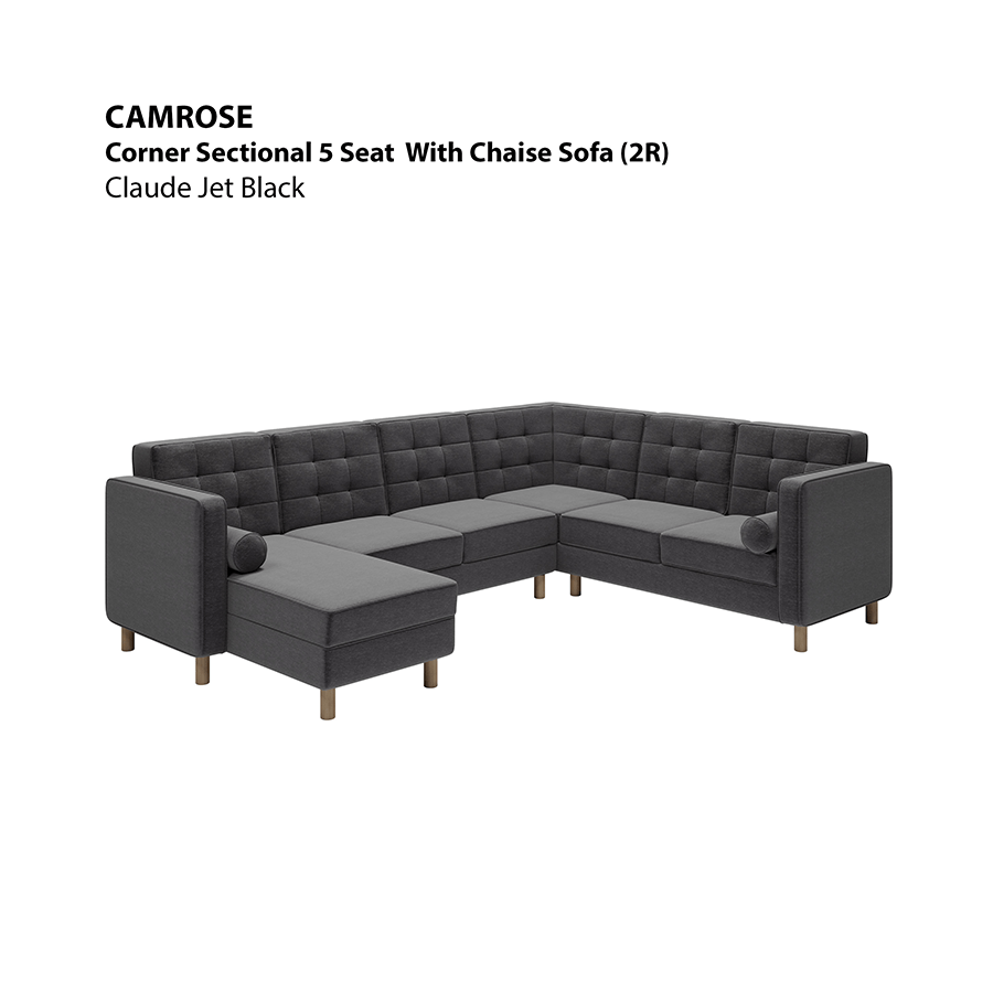 MORE CAMROSE OPTIONS Camrose Corner Sectional 5 Seat with Chaise (2R) Sofa Camrose Corner Sectional 5 Seat with Chaise (2R) Sofa Lux Claude Jet Black Mandaue Foam