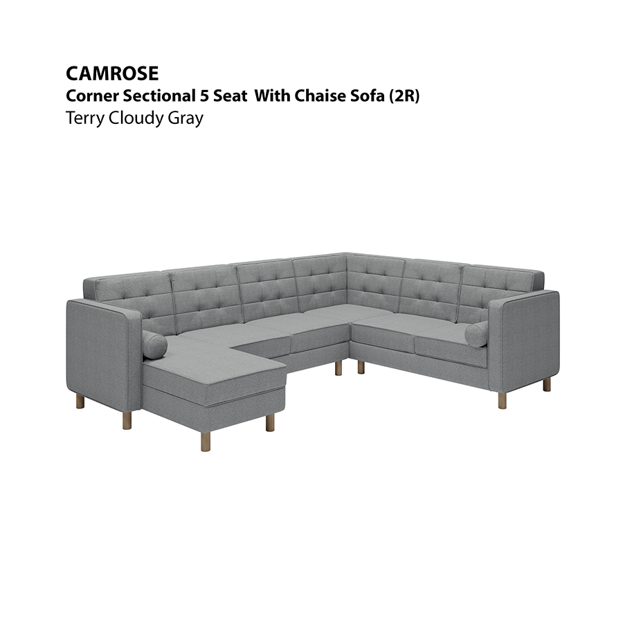 MORE CAMROSE OPTIONS Camrose Corner Sectional 5 Seat with Chaise (2R) Sofa Camrose Corner Sectional 5 Seat with Chaise (2R) Sofa Lux Terry Cloudy Gray Mandaue Foam