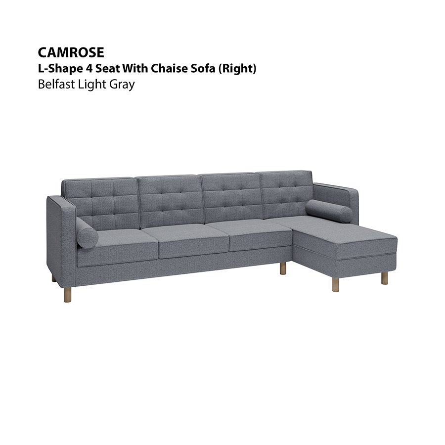 MORE CAMROSE OPTIONS Camrose L-shape 4 Seat with Chaise (Right Facing) Sofa Camrose L-shape 4 Seat with Chaise (Right Facing) Sofa Fabric Belfast Light Gray Mandaue Foam