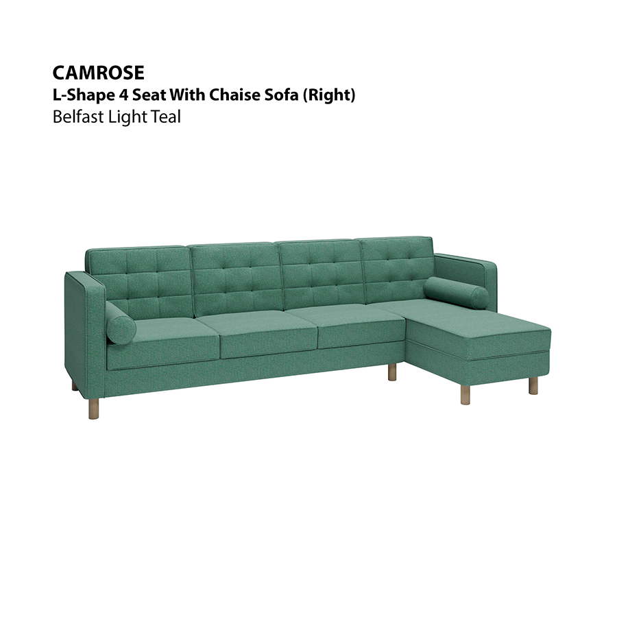 MORE CAMROSE OPTIONS Camrose L-shape 4 Seat with Chaise (Right Facing) Sofa Camrose L-shape 4 Seat with Chaise (Right Facing) Sofa Fabric Belfast Light Teal Mandaue Foam
