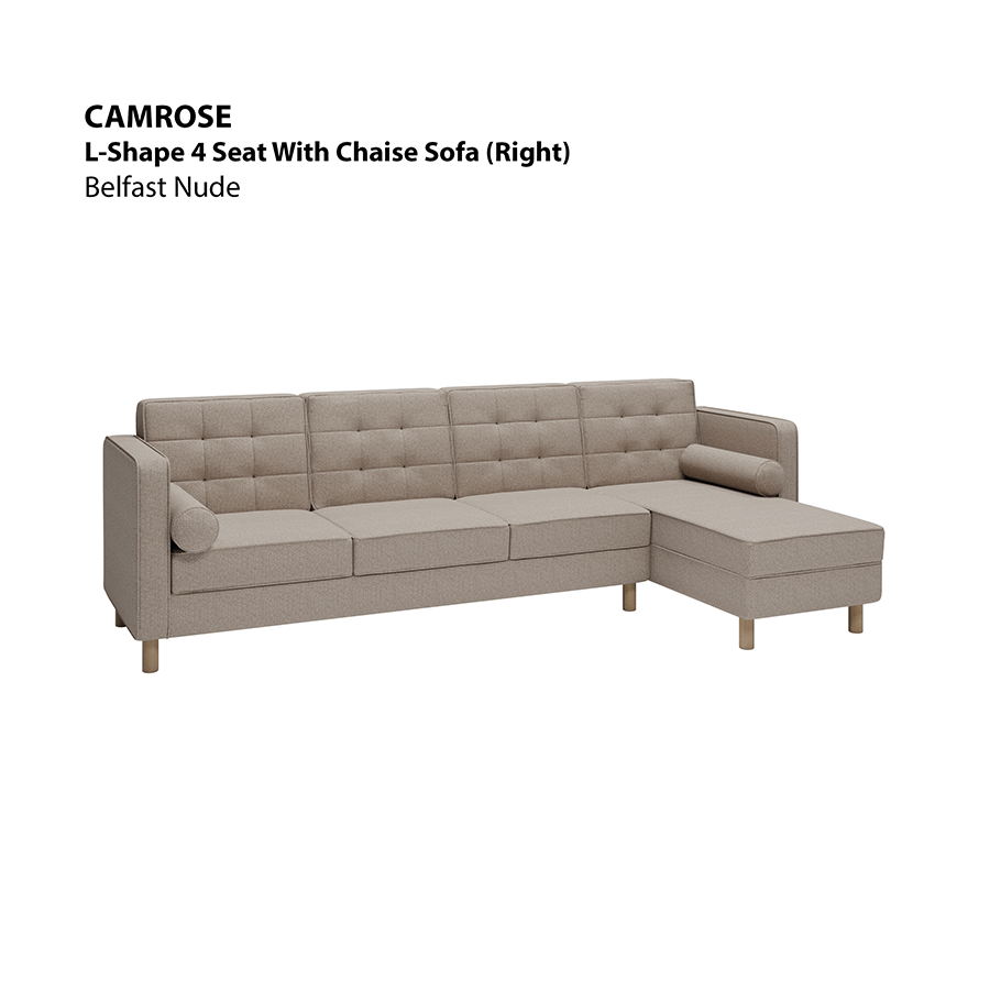 MORE CAMROSE OPTIONS Camrose L-shape 4 Seat with Chaise (Right Facing) Sofa Camrose L-shape 4 Seat with Chaise (Right Facing) Sofa Fabric Belfast Nude Mandaue Foam