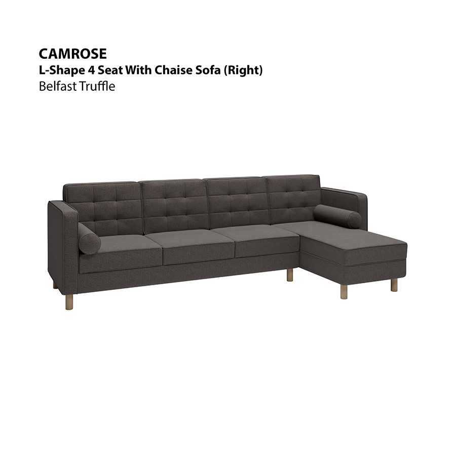 MORE CAMROSE OPTIONS Camrose L-shape 4 Seat with Chaise (Right Facing) Sofa Camrose L-shape 4 Seat with Chaise (Right Facing) Sofa Fabric Belfast Truffle Mandaue Foam
