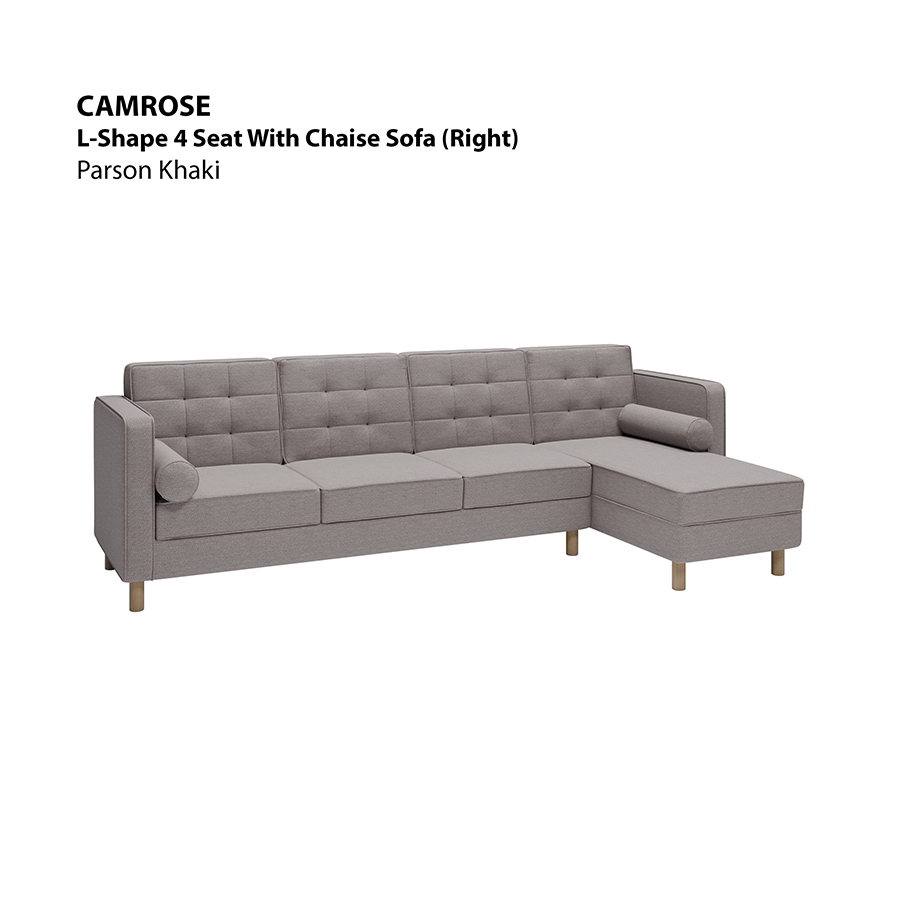 MORE CAMROSE OPTIONS Camrose L-shape 4 Seat with Chaise (Right Facing) Sofa Camrose L-shape 4 Seat with Chaise (Right Facing) Sofa Fabric Parson Khaki Mandaue Foam