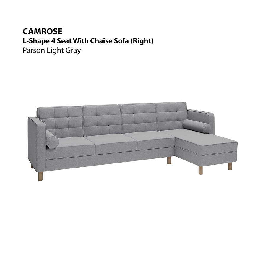 MORE CAMROSE OPTIONS Camrose L-shape 4 Seat with Chaise (Right Facing) Sofa Camrose L-shape 4 Seat with Chaise (Right Facing) Sofa Fabric Parson Light Gray Mandaue Foam