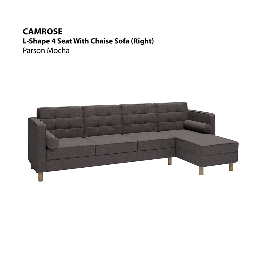 MORE CAMROSE OPTIONS Camrose L-shape 4 Seat with Chaise (Right Facing) Sofa Camrose L-shape 4 Seat with Chaise (Right Facing) Sofa Fabric Parson Mocha Mandaue Foam