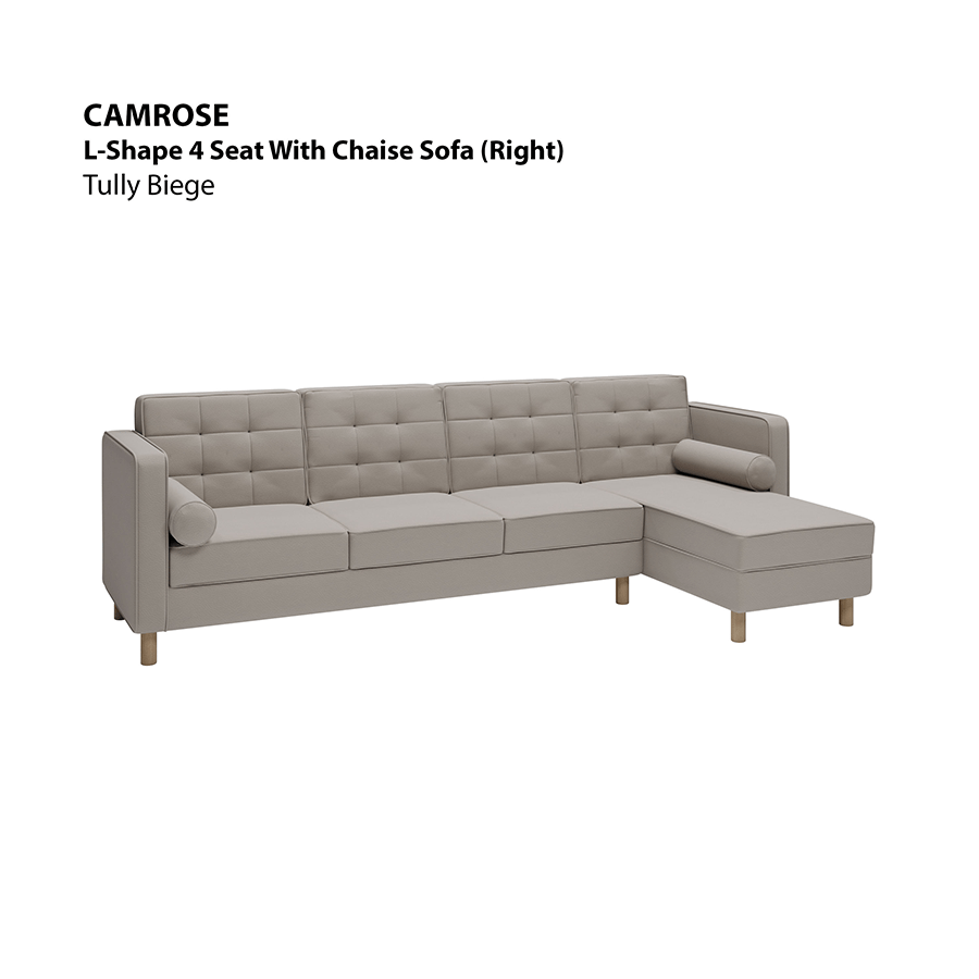 MORE CAMROSE OPTIONS Camrose L-shape 4 Seat with Chaise (Right Facing) Sofa Camrose L-shape 4 Seat with Chaise (Right Facing) Sofa Leatherette Tully Beige Mandaue Foam