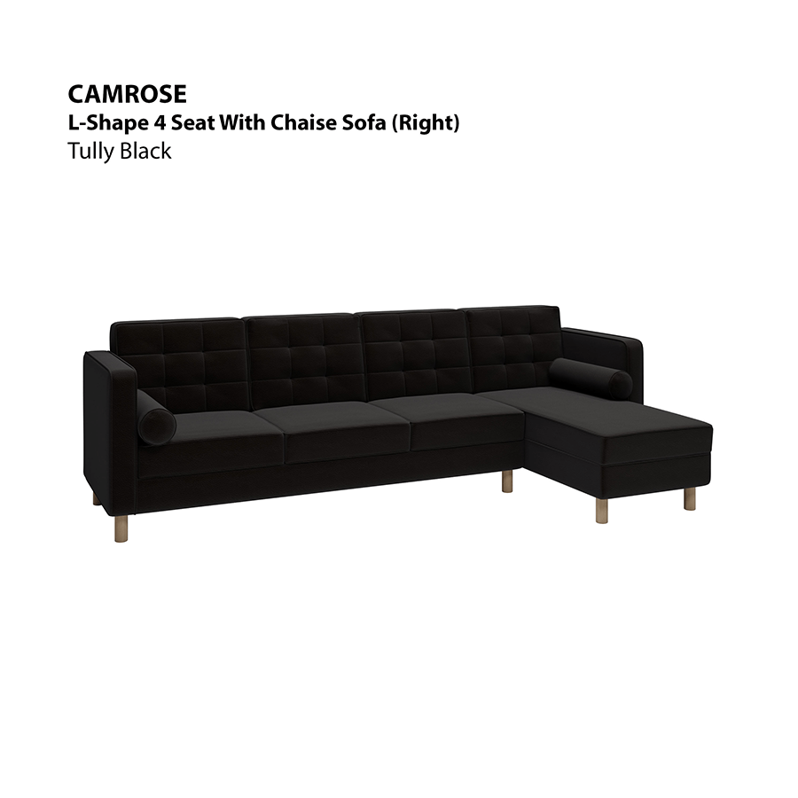 MORE CAMROSE OPTIONS Camrose L-shape 4 Seat with Chaise (Right Facing) Sofa Camrose L-shape 4 Seat with Chaise (Right Facing) Sofa Leatherette Tully Black Mandaue Foam