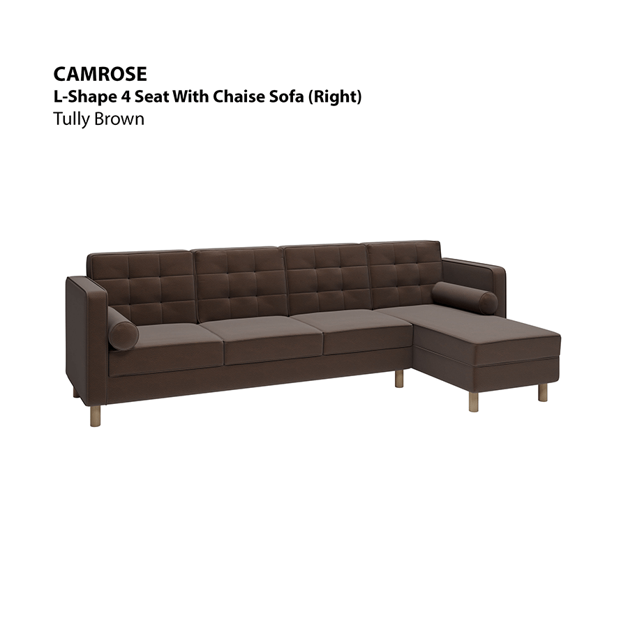 MORE CAMROSE OPTIONS Camrose L-shape 4 Seat with Chaise (Right Facing) Sofa Camrose L-shape 4 Seat with Chaise (Right Facing) Sofa Leatherette Tully Brown Mandaue Foam