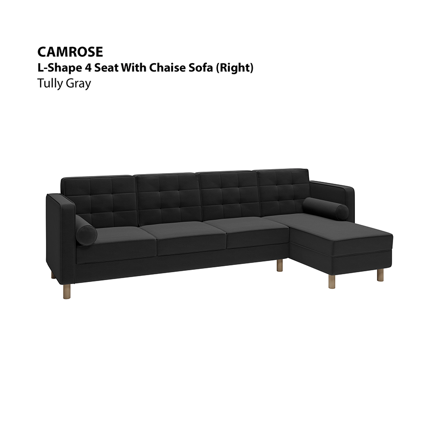 MORE CAMROSE OPTIONS Camrose L-shape 4 Seat with Chaise (Right Facing) Sofa Camrose L-shape 4 Seat with Chaise (Right Facing) Sofa Leatherette Tully Gray Mandaue Foam