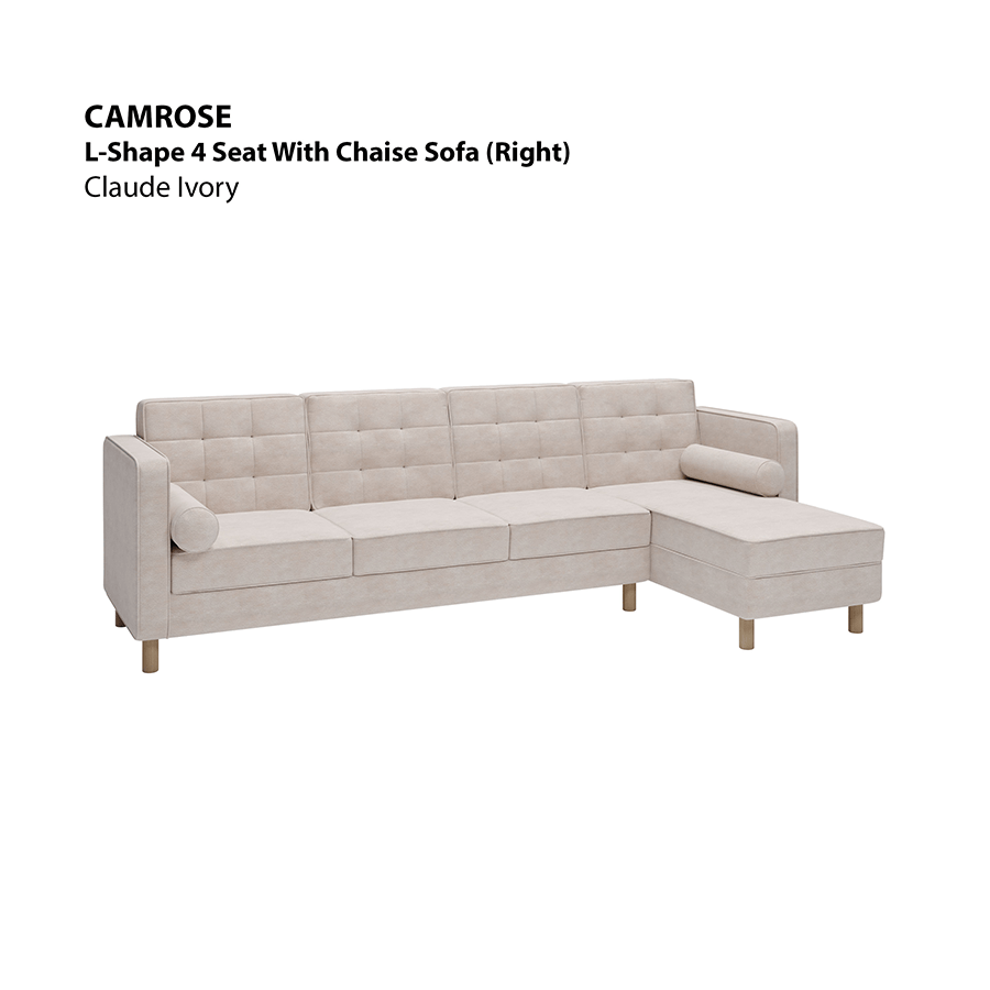 MORE CAMROSE OPTIONS Camrose L-shape 4 Seat with Chaise (Right Facing) Sofa Camrose L-shape 4 Seat with Chaise (Right Facing) Sofa Lux Claude Ivory Mandaue Foam