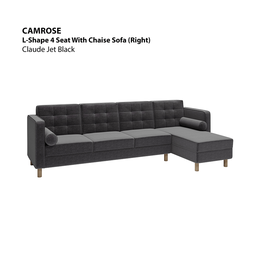 MORE CAMROSE OPTIONS Camrose L-shape 4 Seat with Chaise (Right Facing) Sofa Camrose L-shape 4 Seat with Chaise (Right Facing) Sofa Lux Claude Jet Black Mandaue Foam
