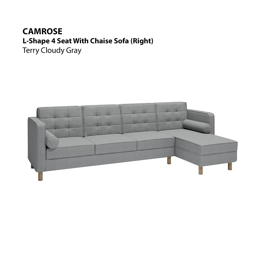 MORE CAMROSE OPTIONS Camrose L-shape 4 Seat with Chaise (Right Facing) Sofa Camrose L-shape 4 Seat with Chaise (Right Facing) Sofa Lux Terry Cloudy Gray Mandaue Foam