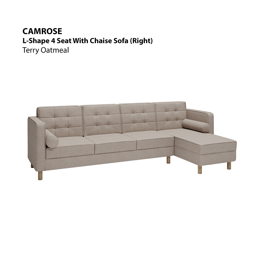 MORE CAMROSE OPTIONS Camrose L-shape 4 Seat with Chaise (Right Facing) Sofa Camrose L-shape 4 Seat with Chaise (Right Facing) Sofa Lux Terry Oatmeal Mandaue Foam