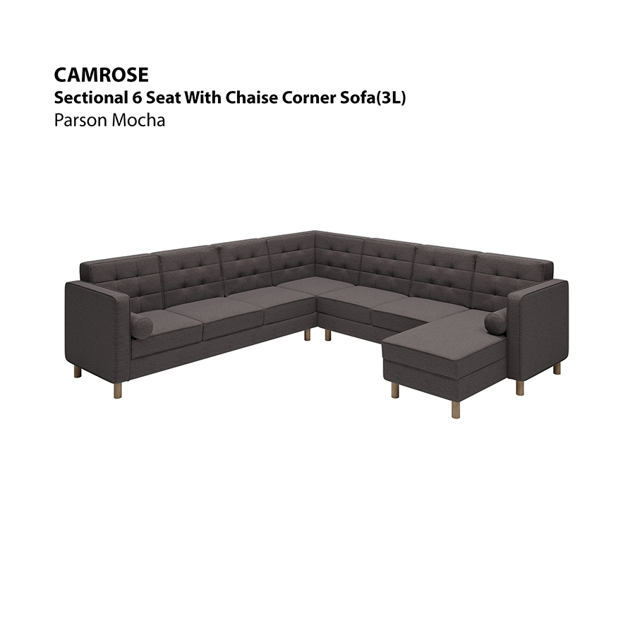 MORE CAMROSE OPTIONS Camrose Sectional 6 Seat Corner with Chaise (3L) Sofa Camrose Sectional 6 Seat Corner with Chaise (3L) Sofa Fabric Parson Mocha Mandaue Foam