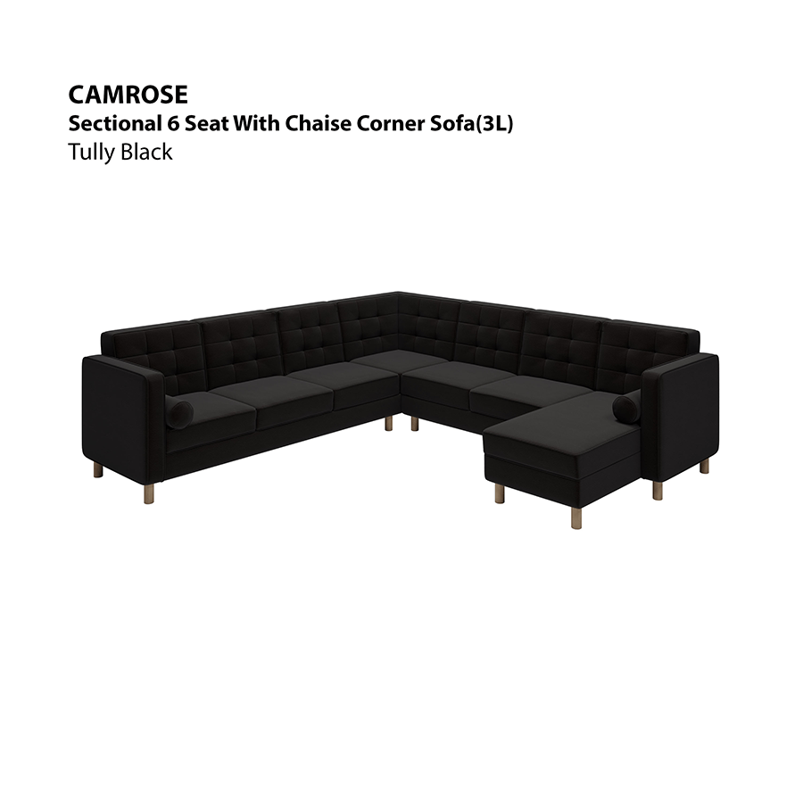 MORE CAMROSE OPTIONS Camrose Sectional 6 Seat Corner with Chaise (3L) Sofa Camrose Sectional 6 Seat Corner with Chaise (3L) Sofa Leatherette Tully Black Mandaue Foam