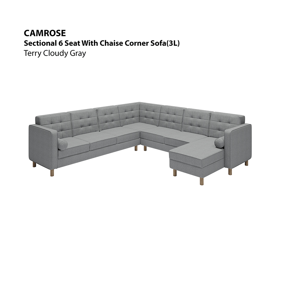 MORE CAMROSE OPTIONS Camrose Sectional 6 Seat Corner with Chaise (3L) Sofa Camrose Sectional 6 Seat Corner with Chaise (3L) Sofa Lux Terry Cloudy Gray Mandaue Foam