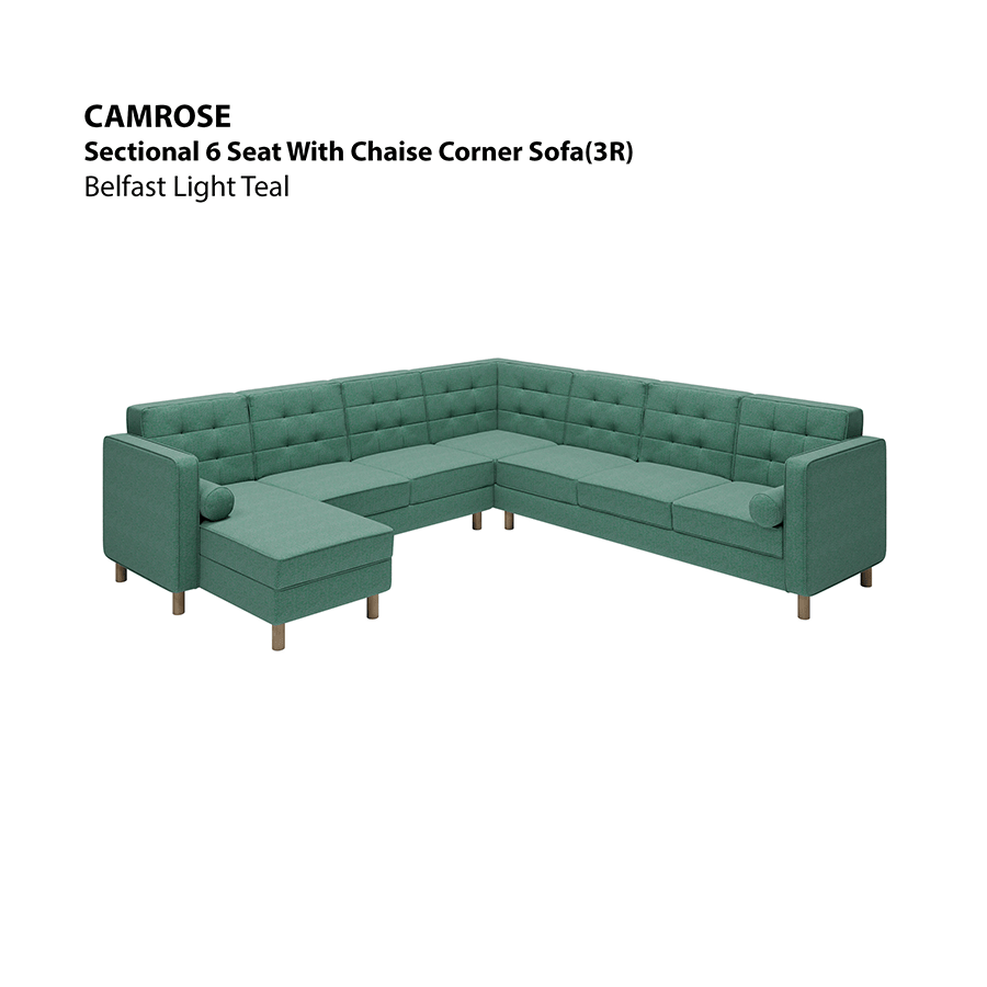 MORE CAMROSE OPTIONS Camrose Sectional 6 Seat Corner with Chaise (3R) Sofa Camrose Sectional 6 Seat Corner with Chaise (3R) Sofa Fabric Belfast Light Teal Mandaue Foam