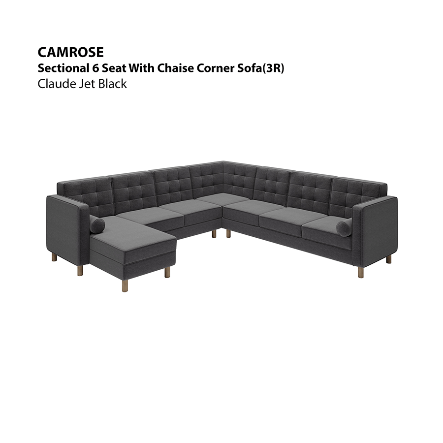 MORE CAMROSE OPTIONS Camrose Sectional 6 Seat Corner with Chaise (3R) Sofa Camrose Sectional 6 Seat Corner with Chaise (3R) Sofa Lux Claude Jet Black Mandaue Foam