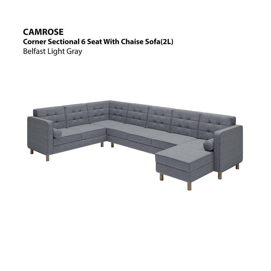 MORE CAMROSE OPTIONS Camrose Sectional 6 Seat with Chaise (2L) Sofa Camrose Sectional 6 Seat with Chaise (2L) Sofa Fabric Belfast Light Gray Mandaue Foam