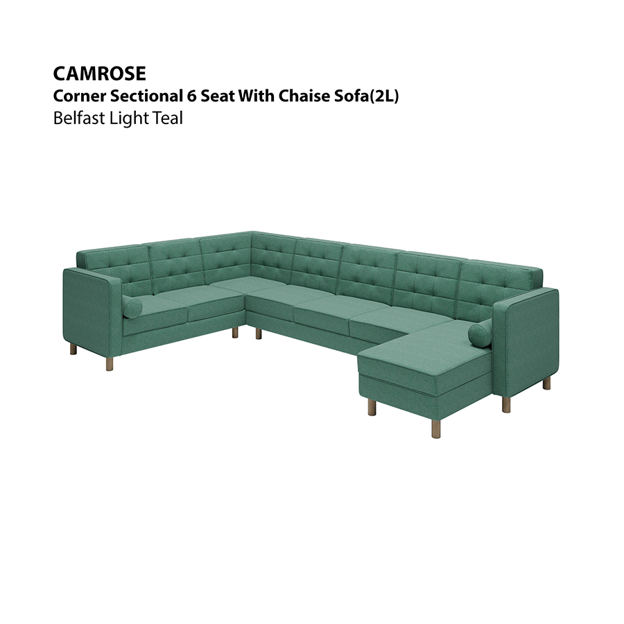 MORE CAMROSE OPTIONS Camrose Sectional 6 Seat with Chaise (2L) Sofa Camrose Sectional 6 Seat with Chaise (2L) Sofa Fabric Belfast Light Teal Mandaue Foam