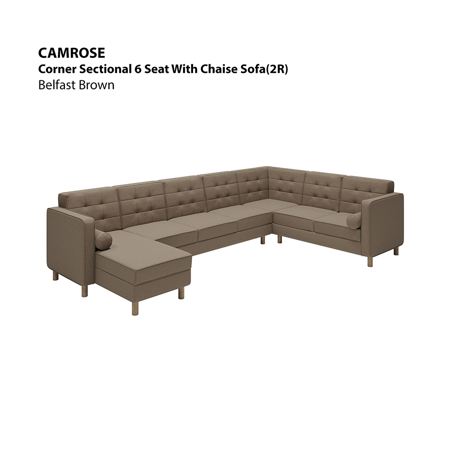 MORE CAMROSE OPTIONS Camrose Sectional 6 Seat with Chaise (2R) Sofa Camrose Sectional 6 Seat with Chaise (2R) Sofa Fabric Belfast Brown Mandaue Foam