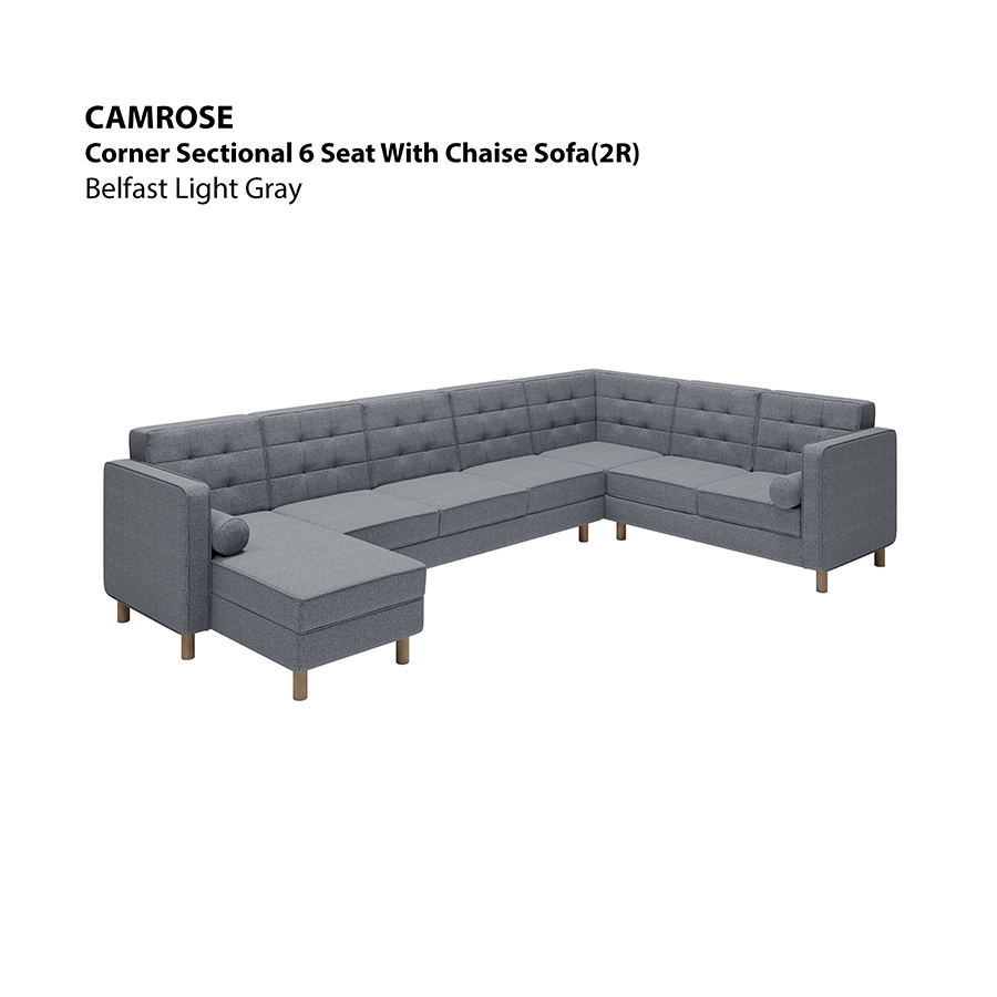 MORE CAMROSE OPTIONS Camrose Sectional 6 Seat with Chaise (2R) Sofa Camrose Sectional 6 Seat with Chaise (2R) Sofa Fabric Belfast Light Gray Mandaue Foam