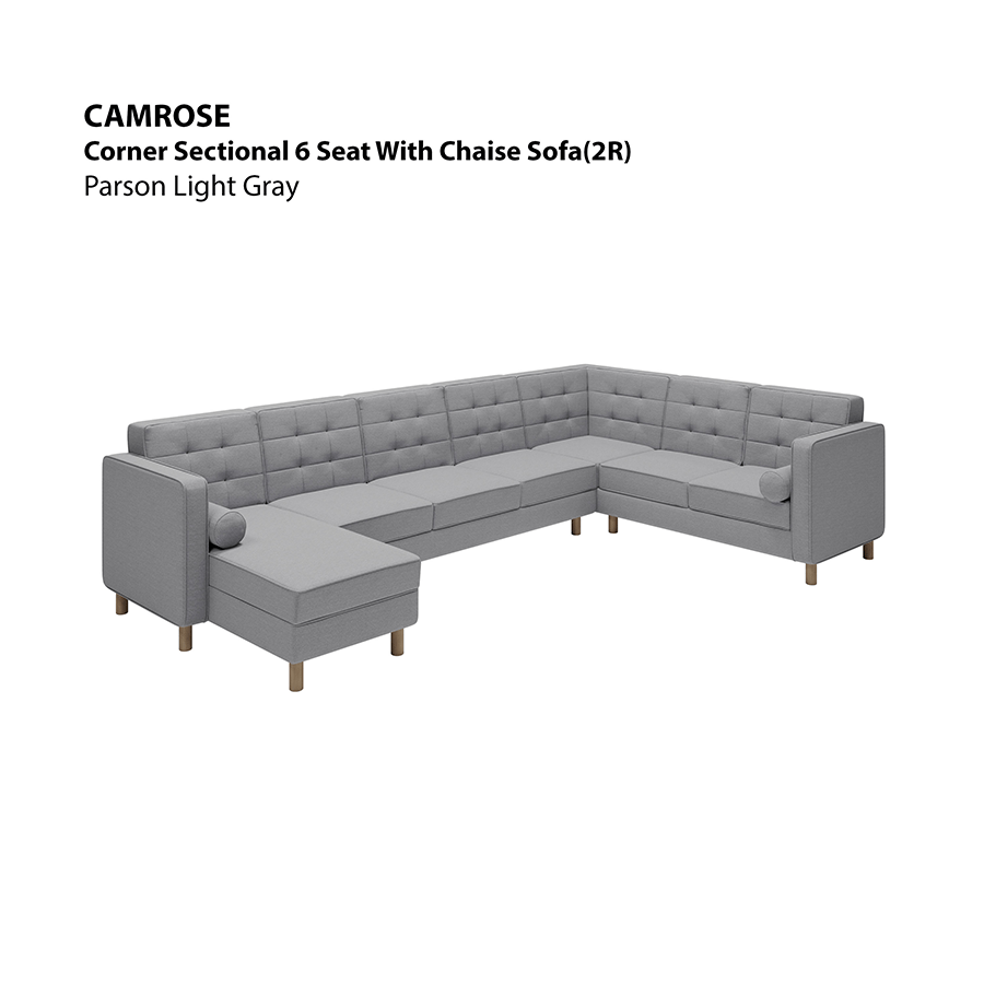 MORE CAMROSE OPTIONS Camrose Sectional 6 Seat with Chaise (2R) Sofa Camrose Sectional 6 Seat with Chaise (2R) Sofa Fabric Parson Light Gray Mandaue Foam