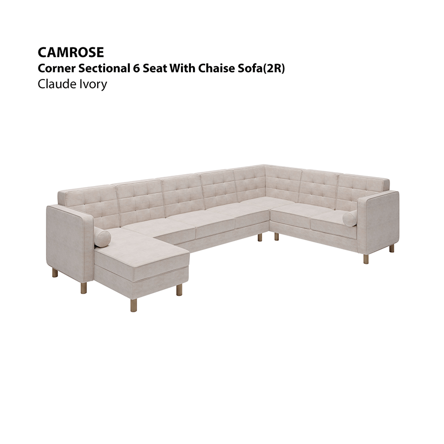 MORE CAMROSE OPTIONS Camrose Sectional 6 Seat with Chaise (2R) Sofa Camrose Sectional 6 Seat with Chaise (2R) Sofa Lux Claude Ivory Mandaue Foam