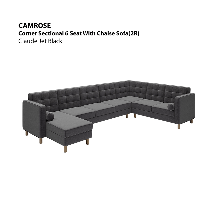 MORE CAMROSE OPTIONS Camrose Sectional 6 Seat with Chaise (2R) Sofa Camrose Sectional 6 Seat with Chaise (2R) Sofa Lux Claude Jet Black Mandaue Foam
